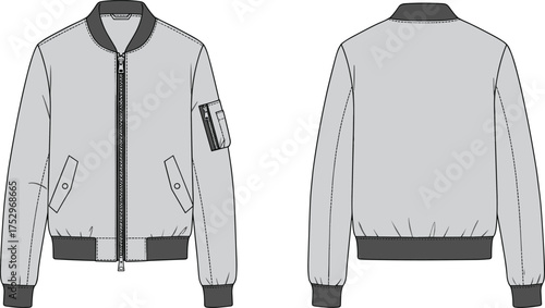 Bomber jacket flat sketch, fashion technical drawing, apparel design template, front and back view, clothing illustration, garment vector, outerwear mockup