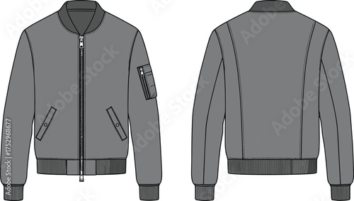 Bomber jacket technical illustration, front and back fashion drawing, garment construction sketch, apparel design template, clothing manufacturing reference, outerwear fashion guide