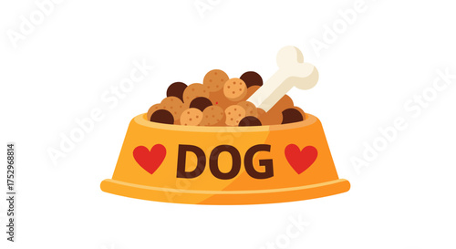 Healthy and nutritious dog food with a bone treat in a bright yellow bowl.