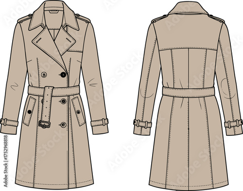 Classic beige trench coat illustration, front and back technical drawing, double breasted outerwear design, garment construction sketch, fashion apparel design template