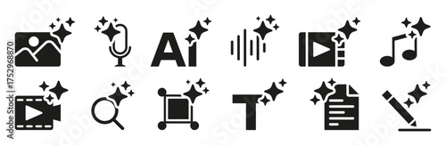 Ai content icon collection with sparkling symbols. Artificial intelligence and media icons for creative automation and digital tools