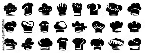 Cook hat icons. Set of different chef hat icons. Simple cook cap signs. Black chef cap icons