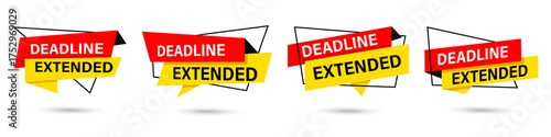 Deadline extended banner collection in geometric style. Red and yellow typography badges for announcements, events, and projects