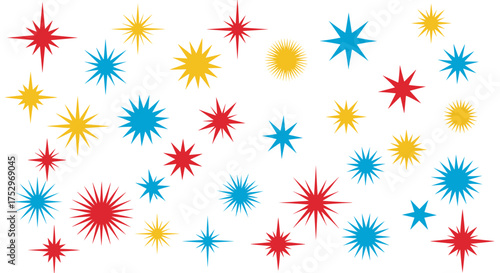 A collection of colorful starbursts in various sizes and bright hues.
