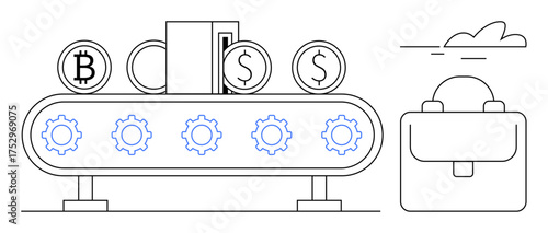 Conveyor belt moving coins and wallet with gears underneath representing financial system. Briefcase and clouds nearby. Ideal for finance, innovation, automation, technology, banking, cryptocurrency