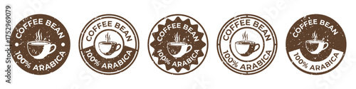 Coffee label collection with vintage design. Brown circular stamps for arabica coffee bean and premium product branding