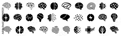 Brain icon collection in abstract neural style. Different mind and thinking symbols for psychology, intelligence, and creativity themes