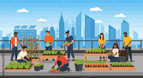 People gardening on rooftop in modern city, growing plants and vegetables in urban farm – concept of community garden, sustainability, and green city lifestyle