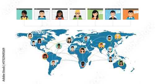 Global people network connected across world map – concept of international communication, remote teamwork, global collaboration, and worldwide digital connection
