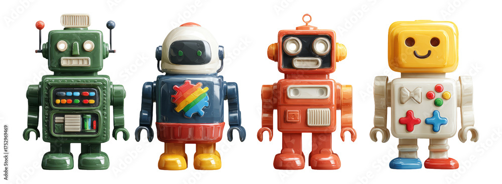 Fototapeta premium Colorful Retro Robot Toys on Transparent Background in Various Styles