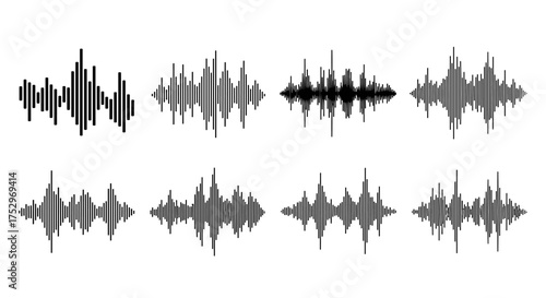 Visual representations of audio waveforms showing different sound patterns and amplitude variations.