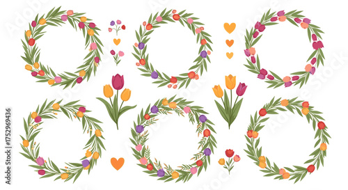 A collection of delicate floral wreaths and tulips with small decorative hearts and blossoms. 