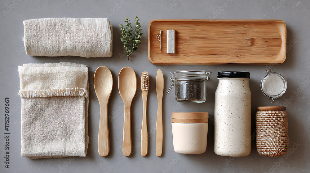 Naklejka premium Zero-waste eco-friendly lifestyle essentials arranged neatly on a minimalist table 