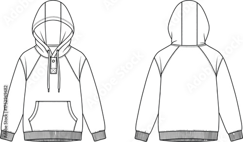 Hooded sweatshirt hoodie flat sketch, fashion design template, technical drawing apparel, vector illustration clothing, front and back view, garment construction