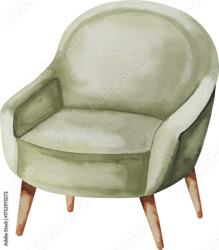 Watercolor illustration of a green armchair on transparent background.