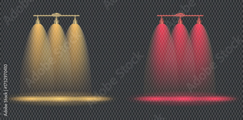 Golden and Red Glowing Spotlight Vector – Sparkling Light Effect on Transparent Background – Ray Beam Special Effect Design