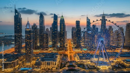 Dubai skyline at night with the ain dubai ferris wheel and skyscrapers