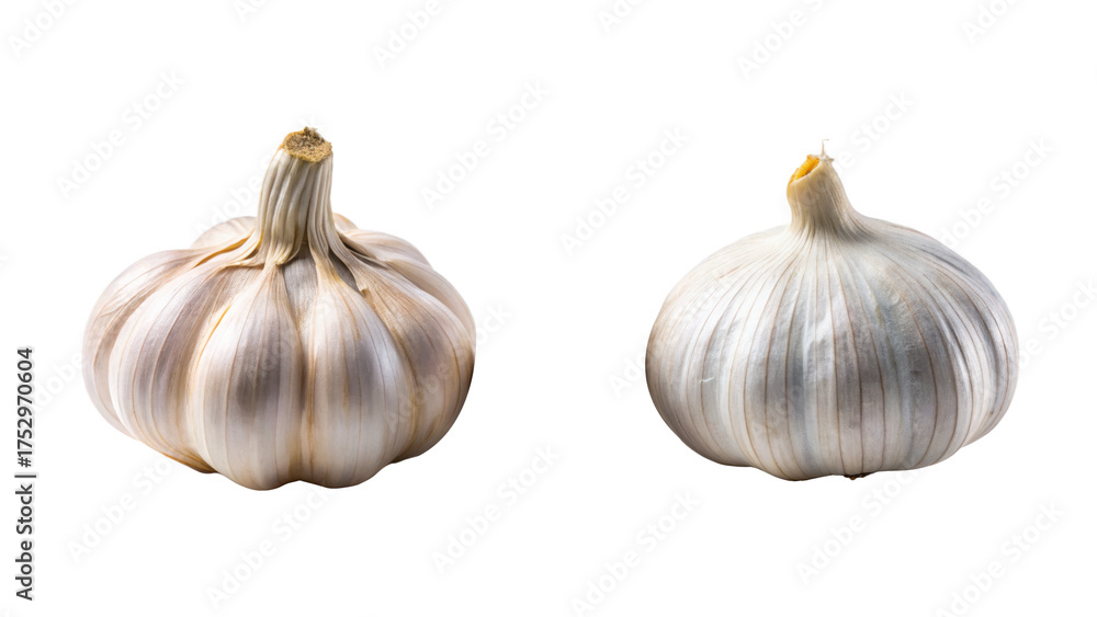 Obraz premium Two garlic bulbs isolated on transparent background, ready for cooking use