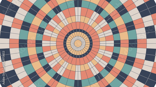 Colorful concentric circles pattern with retro style design and segmented radial shapes forming a target 100