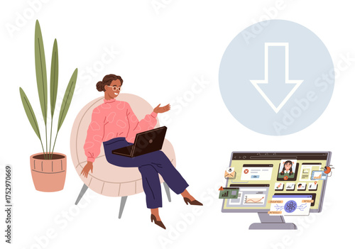 Woman seated with laptop near plant, pointing to a screen showing files, charts, and download arrow. Ideal for technology, remote work, downloads, data sharing, communication productivity workflow