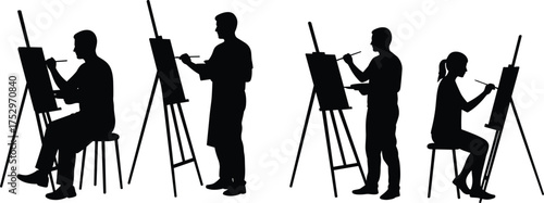 Artists painting on canvas at easel silhouette, creative art studio illustration, painter at work concept, drawing and painting activity design