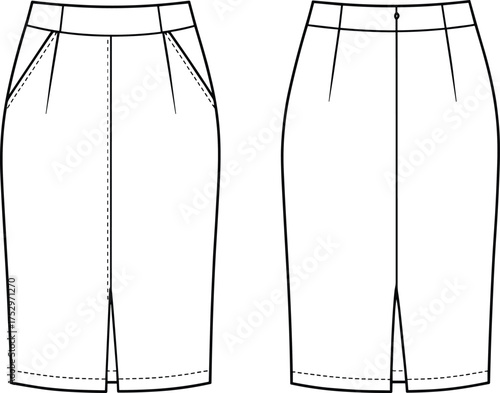 Pencil skirt technical illustration, front and back fashion drawing, garment construction sketch, apparel design template, clothing manufacturing reference, tailoring style guide