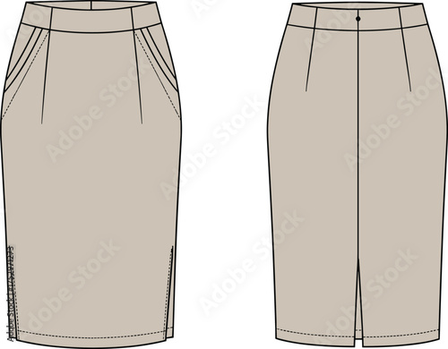 Pencil skirt technical fashion sketch, front and back flat drawing, tailored skirt garment construction, apparel design template, clothing manufacturing reference, style guide