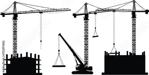 Construction cranes working at building site, heavy lifting equipment silhouette, tower crane and crawler crane, urban development, industrial engineering scene