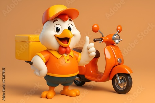 A cheerful 3D cartoon chicken mascot wearing a uniform, standing next to an orange delivery scooter with a yellow box and giving a thumbs up sign