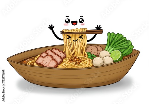 Cute Animated Character Enjoying Delicious Bowl of Noodles with Toppings and Fresh Herbs