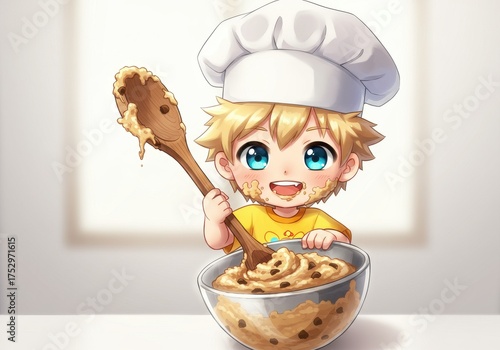 Cute Child Chef Mixing Dough with Wooden Spoon in Cheerful Kitchen Setting