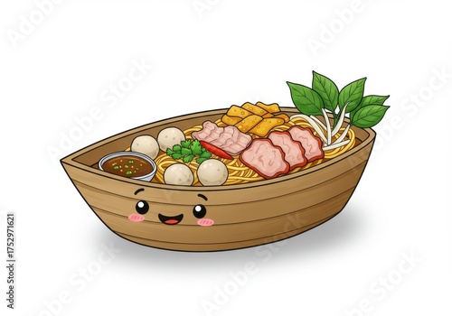Cute Cartoon Illustration of Noodle Bowl with Meat, Vegetables, and Dipping Sauce in Wooden Boat
