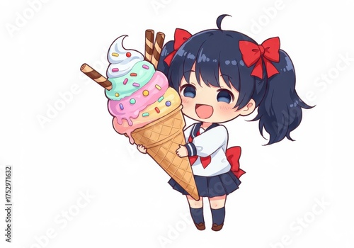 Cute anime girl holding oversized ice cream cone with colorful toppings and joyful expression
