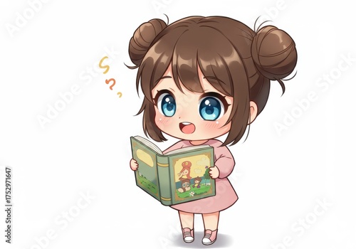 Cute Child Reading a Colorful Storybook with Joyful Expression in a Cartoon Style Illustration
