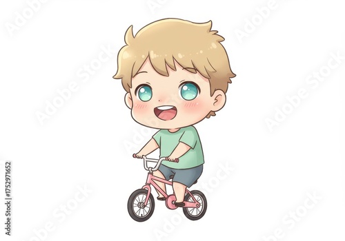 Cute Cartoon Boy Riding a Pink Bicycle with Joyful Expression in a Playful Style