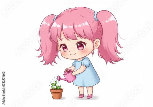 Cute girl with pink hair watering a plant in a cartoon style illustration for children