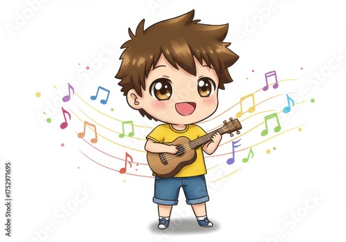 Happy Cartoon Boy Playing Ukulele with Musical Notes and Colorful Background
