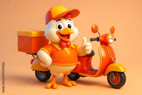 A cheerful 3D cartoon chicken mascot wearing a uniform and cap, standing next to an orange delivery scooter and giving a thumbs up sign