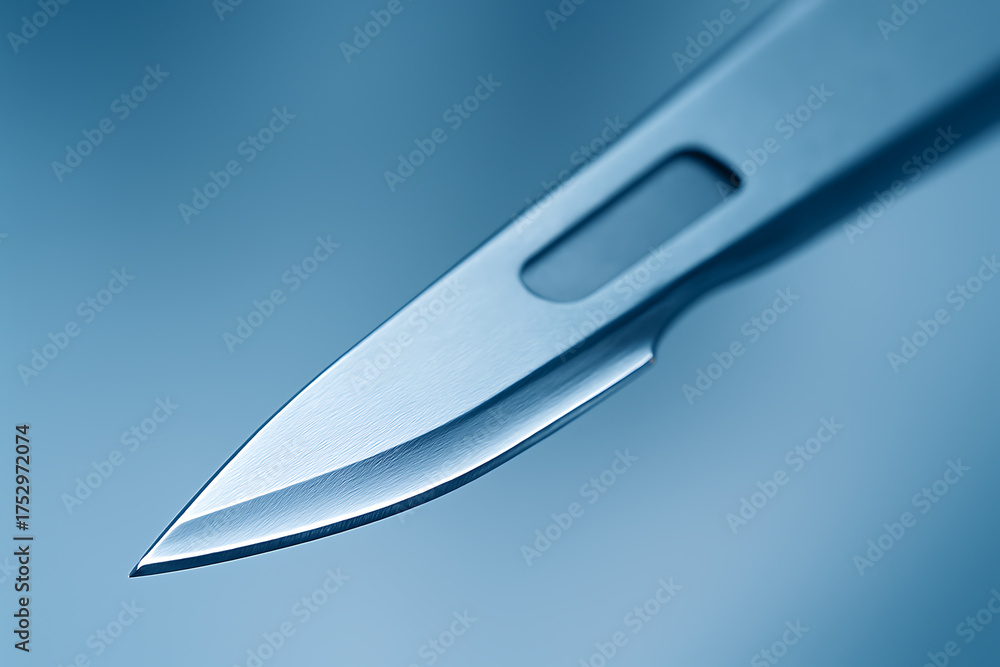 Obraz premium Close-up of a surgical scalpel blade with sharp precision edges, reflecting soft blue lighting, emphasizing sterile design and clinical accuracy.
