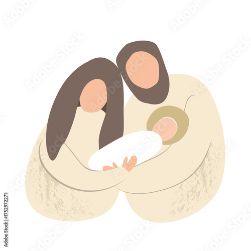 Christmas nativity scene of baby Jesus, Mary and Joseph. Hand drawn stylized bible illustration clipart isolated. Cartoon vector illustration in Scandinavian style.