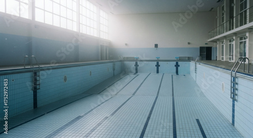 Empty indoor swimming pool, vast and quiet, with visible lane lines on the tiled floor. Bright natural light illuminates the drained facility, poised for renovation or the next swim season