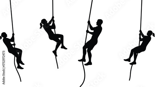 Man and woman climbing rope silhouette, fitness training exercise vector, gym workout illustration, athletic body strength, climbing sport concept, isolated black design
