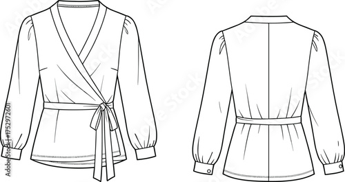 Women’s wrap blouse flat sketch, fashion design template, technical drawing apparel, vector illustration clothing, front and back view, garment construction