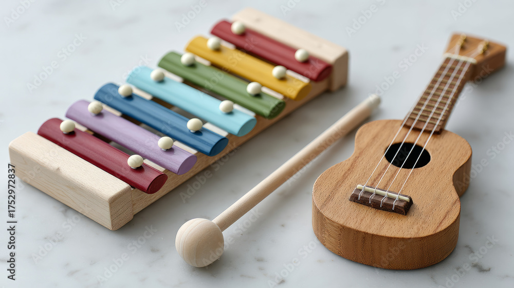 Naklejka premium Colorful xylophone and ukulele on a marble surface.