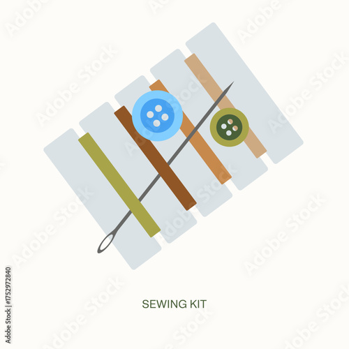 Sewing kit with threads, needle and buttons. Hotel amenity for guest rooms and travel kits. For packaging, welcome cards, brochures, booking pages and web banners.