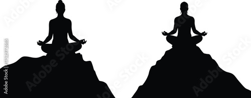 Meditation yoga silhouette on mountain peak, man and woman meditating, mindfulness posture, calm balance, peaceful zen wellness vector illustration