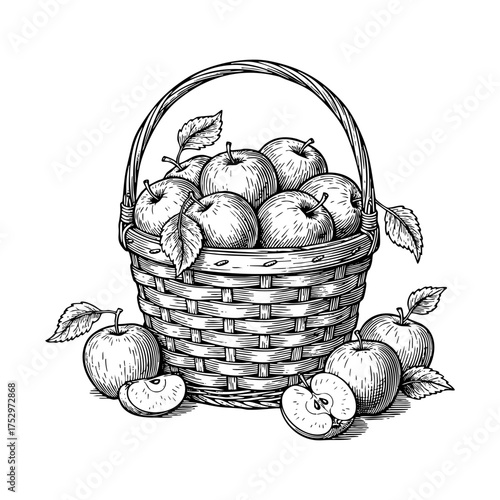 Basket Full Apples Engraving Vector Illustration