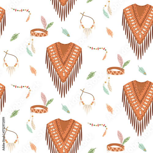 pattern clothing items feathered headband, bone jewelry, poncho carpet of Native Americans. Flat color vector seamless texture. Ornament textiles, packaging, backgrounds, decorative design projects.