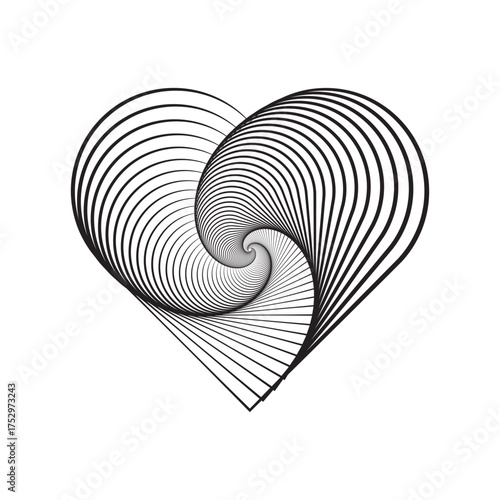 Abstract linear heart shape. Minimalist spiral Vector design. Optical illusion art. Gradient line form.