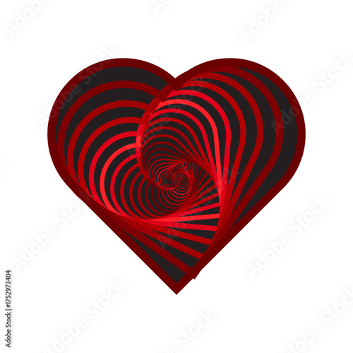 Abstract heart Vector shape. Red black swirl lines. Dynamic volume illusion art. Colorful spiral element.